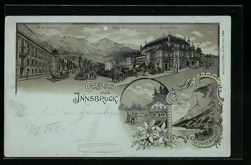 Mondschein-Lithographie Innsbruck, K. K. Hofburg, Theater, Stadtsäle