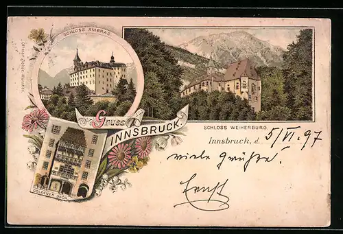 Lithographie Innsbruck, Schloss Ambras, Schloss Weiherburg, Goldenes Dach