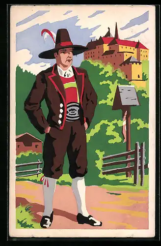 Künstler-AK Kufstein, Mann in Tracht, Schloss