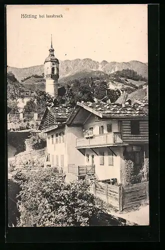AK Hötting bei Innsbruck, Häuser im Sonnenschein, Uhrturm