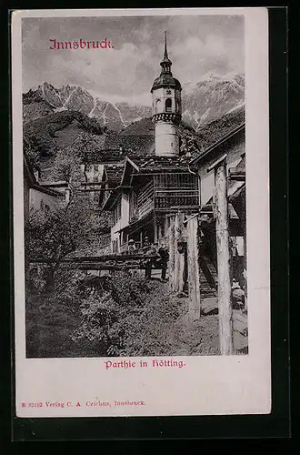 AK Hötting bei Innsbruck, Ortspartie mit Turm