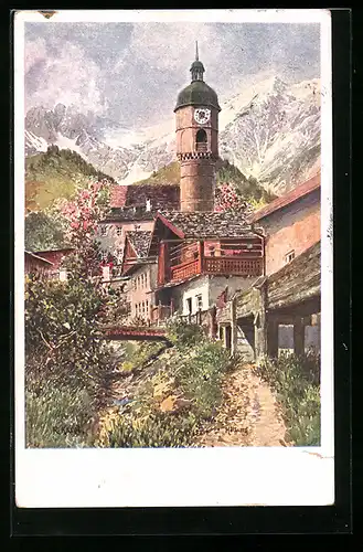 Künstler-AK Hötting bei Innsbruck, Teilansicht mit Turm