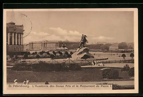 AK St. Pétersbourg, L`Academie des Beaux Arts et le Monument de Pierre I.