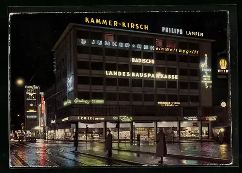 AK Karlsruhe, Kaiserstrasse bei Nacht