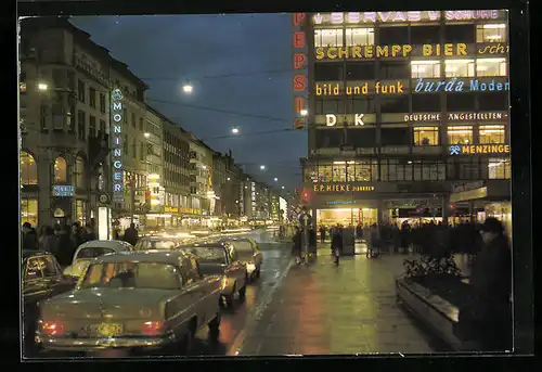 AK Karlsruhe, die Kaiserstrasse bei Nacht