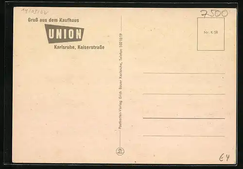AK Karlsruhe, das Kaufhaus Union in der Kaiserstrasse