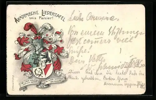 Lithographie Akademische Liedertafel sei`s Panier, Studentenwappen