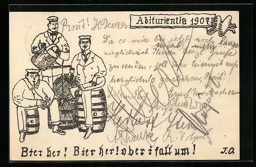 Künstler-AK Studenten mit Fässern, Abiturientia 1907, Absolvia