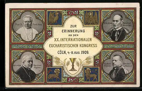 Künstler-AK Cöln, XX. Internationaler Eucharistischer Kongress 1909 - Papst-, Bischofs- und Kardinalsportraits