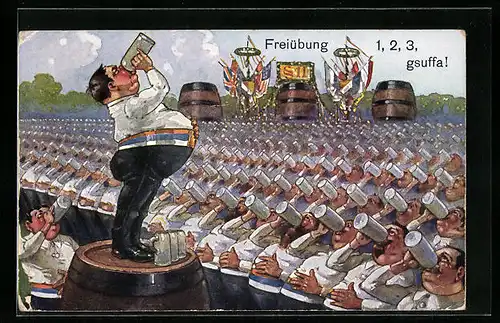 Künstler-AK Freiübung 1,2,3, gsuffa!, Trinkerhumor