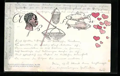 Künstler-AK Rebus, Bilderrätsel mit Herzen