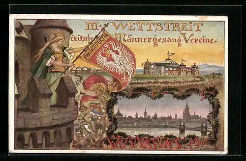 Künstler-AK Frankfurt a. M., III. Wettstreit Deutscher Männergesang Vereine 1909, Germania mit Standarte Francofurtia