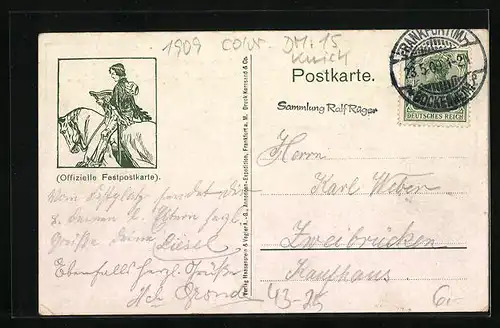 Künstler-AK Frankfurt a. M., III. Wettstreit Deutscher Männergesang Vereine 1909, Germania mit Standarte Francofurtia