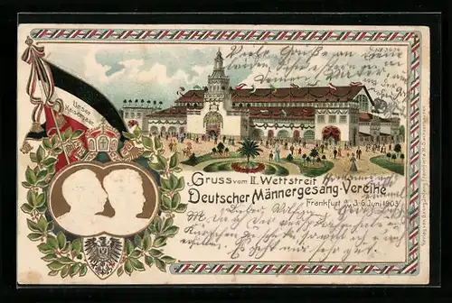 Lithographie Frankfurt a. M., II. Wettstreit Deutscher Männergesangs-Vereine 3.-6. Juni 1903, Konterfei Kaiserpaar