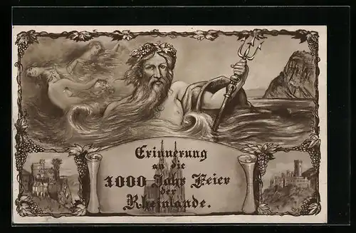 AK 100-Jahr-Feier der Rheinlande, Burgen, Vater Rhein mit Dreizack, Burgen