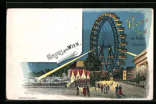 Lithographie Wien, Wiener Prater, Riesenrad und Bootsteich bei Nacht