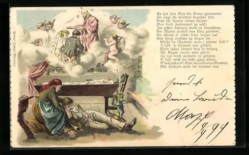 Lithographie Trauernder und verstorbene Braut, Eheschliessung im Himmel