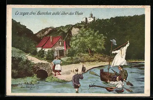 AK Drei Burschen mit improvisierten Booten am Rheinufer