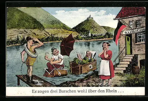 AK Empfang dreier Burschen mit improvisierten Booten am Rheinufer