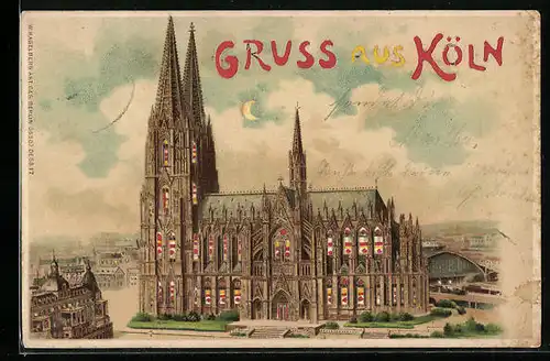 Mondschein-Lithographie Köln /Rh., Dom von oben gesehen, Halt gegen das Licht