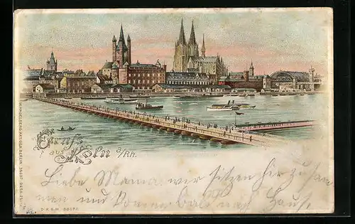 Lithographie Köln a. Rh., Rheinbrücke mit Panorama der Stadt, Halt gegen das Licht