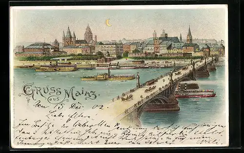 Mondschein-Lithographie Mainz, Teilansicht mit Brücke, Halt gegen das Licht