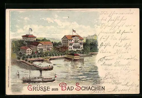 Lithographie Bad Schachen, Ortspartie mit Dampfer