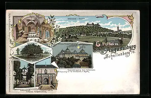 Lithographie Augustusburg i. S., Schloss Augustusburg, Totalansicht, Schloss-Linde