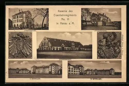 AK Hanau a. M., Kaserne des Eisenbahnregiments No. III, Stabsgebäude, Wappen, Offizierskasino