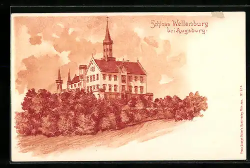 Lithographie Augsburg, Schloss Wellenburg, Gebäudeansicht