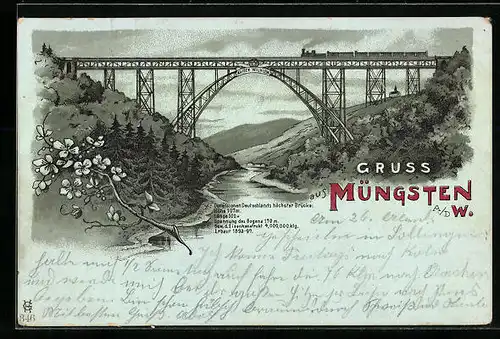 Lithographie Müngsten, Deutschlands höchste Brücke mit Eisenbahn