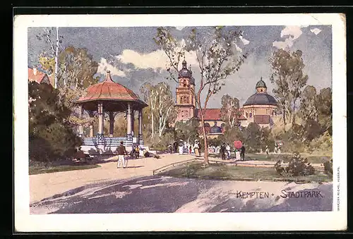 AK Kempten, Stadtpark mit Pavillon und Blick auf Kirche