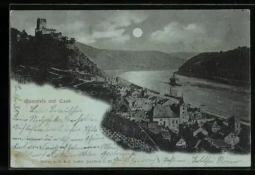 Mondschein-AK Caub, Ortsansicht mit Burg Gutenfels und Rhein