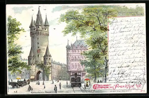 Lithographie Frankfurt a. M., Strassenpartie mit Strassenbahn und Eschenheimer Thurm