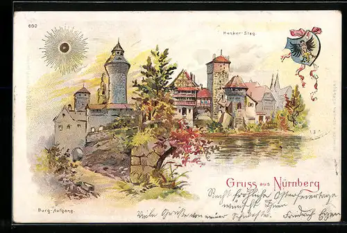 Lithographie Nürnberg, Henker Steg und Burg Aufgang bei Sonnenschein, Wappen