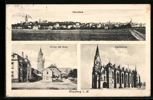 AK Friedberg i. H., Partie hinter der Burg, Stadtkirche, Panorama