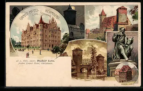 Lithographie Nürnberg, Grand Hotel, Henkersteg, Hans Sachs Denkmal, Dürer Haus