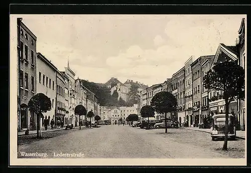 AK Wasserburg, Blick in die Ledererstrasse mit Geschäften