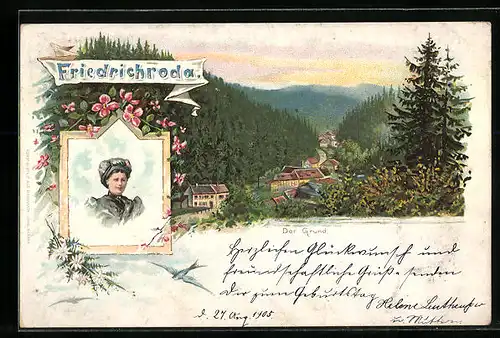 Lithographie Friedrichroda, Blick in den Grund, Frau in Tracht