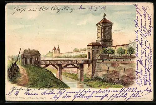 Lithographie Augsburg, Partie an der Stadtmauer