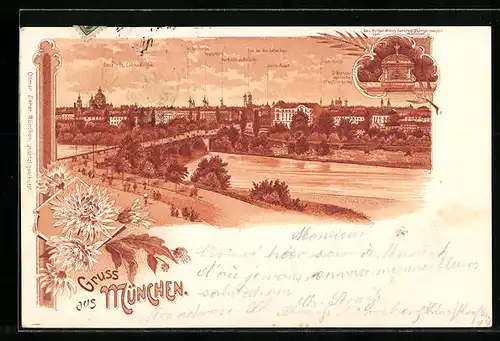 Lithographie München, Blick über die Brücke zur Stadt