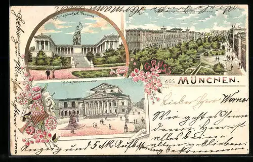 Lithographie München, Hof- & Nationaltheater, Ruhmeshalle mit Bavarie, Regierungsgebäude