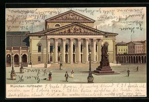 Lithographie München, Blick auf die Front des Hoftheaters