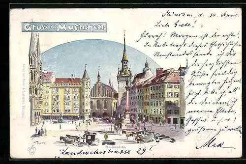Lithographie München, Blick auf den Marienplatz