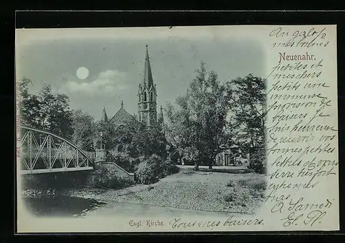 Mondschein-AK Neuenahr, Partie am Fluss mit Blick zur Engl. Kirche