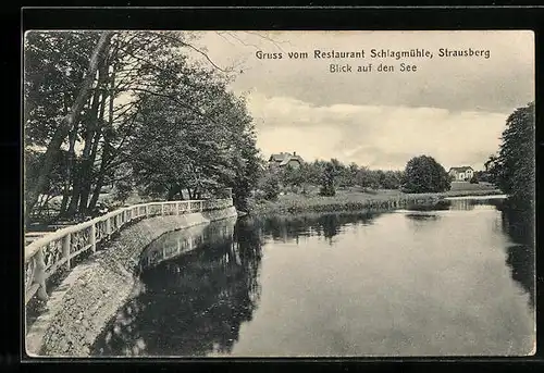 AK Strausberg, Blick auf den See mit Restaurant Schlagmühle