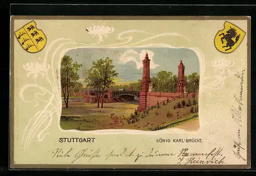 Passepartout-Lithographie Stuttgart, König Karl-Brücke, Wappen, Ornamente