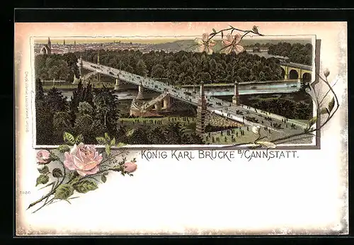 Lithographie Cannstatt, König Karl Brücke aus der Vogelschau