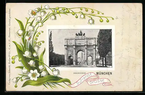 Passepartout-Lithographie München, Siegesthor, Maiglöckchen
