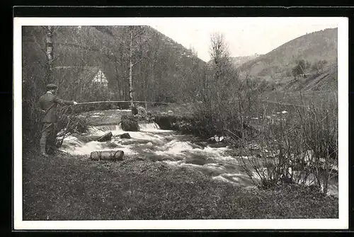 AK Freiburg i. B., Angeln im Schwarzwald am Wagensteigbach